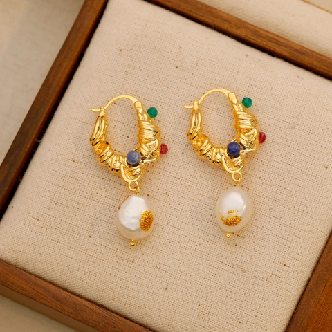 Pendientes de Aro de Cobre Chapados en Oro de 18K Vintage Francés Con Perla de Agua Dulce Barroca Zirconia Cuentas de Colores Joyería Mujer