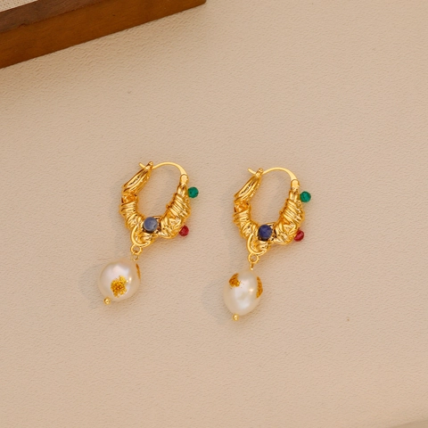 Pendientes de Aro de Cobre Chapados en Oro de 18K Vintage Francés Con Perla de Agua Dulce Barroca Zirconia Cuentas de Colores Joyería Mujer