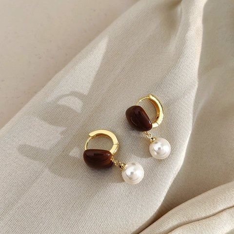 Vintage Boucles d'Oreilles Pendantes Künstliche Perle Émail Laiton Plaqué Or 14K Avec Tige en Argent Sterling 925 Pour Femme Bijoux Élégants