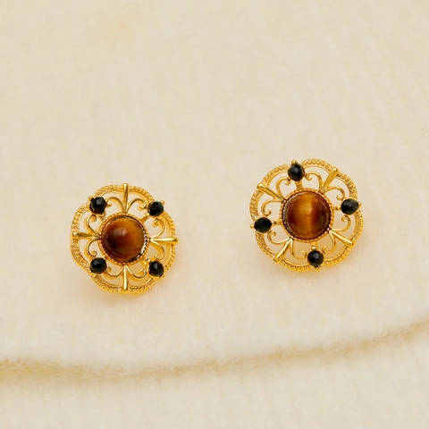French Court Style Filigree Hollow Pattern Stud Earrings Vintage Gold Plated Tiger Eye Cat Eye Stone Zirconia Earrings
