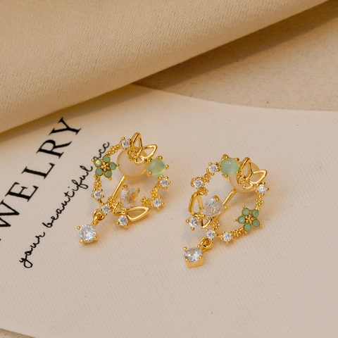 Vintage Copper Butterfly Flower Ear Clips With Green Cat Eye Stone Zirconia Real Gold Plated Earrings For Women No Piercing Jewelry