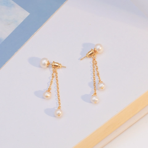 Elegantes Pendientes Colgantes de Borla con Perla de Agua Dolce Vintage para Mujer Cobre Chapado en Oro 14K Poste Plata 925