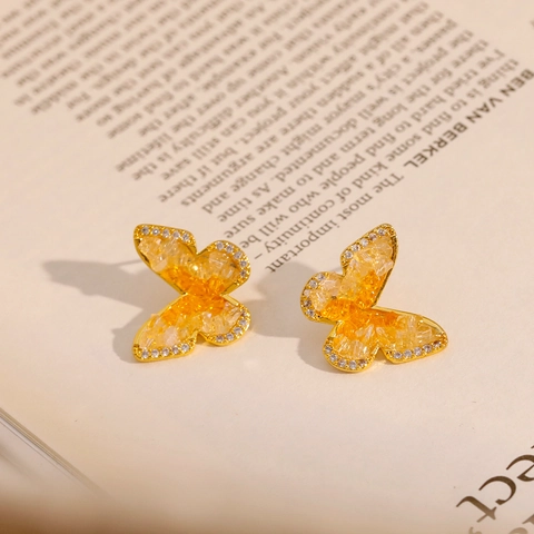 Boucles d'Oreilles Papillon en Cristal Cuivre Plaqué Or Avec Tige en Argent Sterling 925 Bijoux Zircone pour Femme