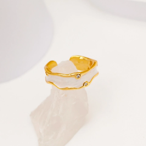 Bague Ouverte Ondulée en Cuivre Plaqué Or de Luxe Avec Émail Zircone Incrusté Bague Vintage Réglable à l'Huile de Goutte Pour Femme Bijoux