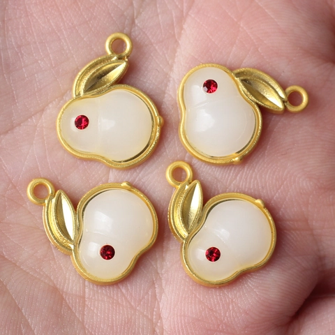Simple Alloy Zodiac Rabbit Pendant Zirconia Inlaid White Imitation Jade DIY Jewelry Finding For Necklace Bracelet Making Accessory