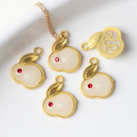 Simple Alloy Zodiac Rabbit Pendant Zirconia Inlaid White Imitation Jade DIY Jewelry Finding For Necklace Bracelet Making Accessory