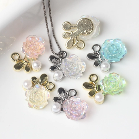 Alloy Camellia Flower Butterfly Charms With Faux Artificial Pearl Resin Iridescent Rose Pendants For DIY Jewelry Making Necklaces