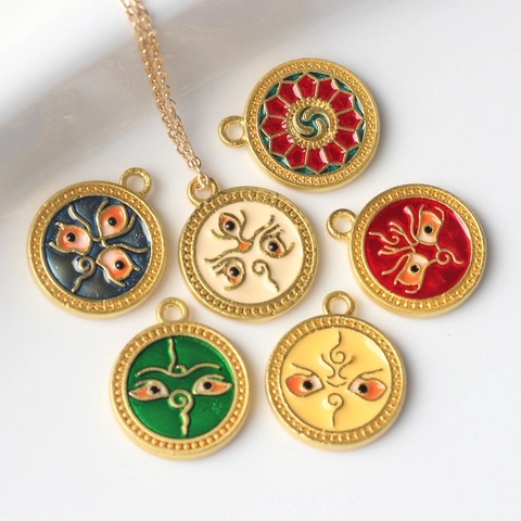 Ethnic Alloy Enamel Evil Eye Pendants For DIY Jewelry Making Gold Plated Lotus Geometric Round Charms For Necklace Bracelet Accessories