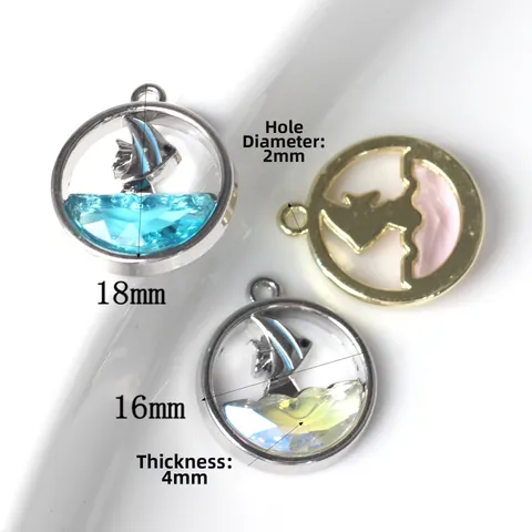 Marine Theme Alloy Rhinestone Round Charms For Jewelry Making DIY Whale Fish Dolphin Sailing Boat Pattern Pendants Accessories