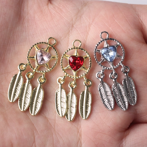 Bohemian Alloy Dreamcatcher Heart Rhinestone Pendant Feather Charms For DIY Necklace Bracelet Jewelry Making Accessories
