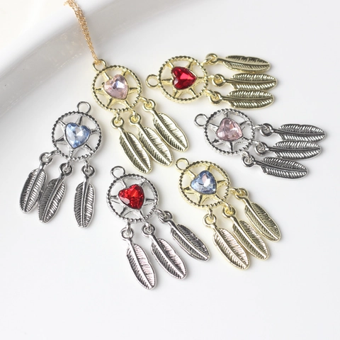 Bohemian Alloy Dreamcatcher Heart Rhinestone Pendant Feather Charms For DIY Necklace Bracelet Jewelry Making Accessories