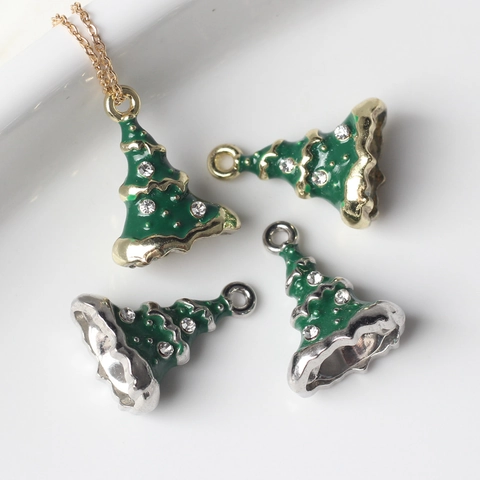 Legering Emaille Kerstboom Hanger Met Strass Goud Zilver Vergulde Kleine Boom Bedeltjes Voor DIY Ketting Armband Maken