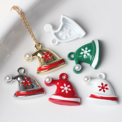 Kerstmuts Legering Emaille Hangers Met Imitatieparel Sneeuwvlok Patronen DIY Ketting Armband Sieraden Maken Benodigdheden