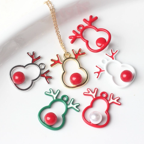 Colgante de Navidad de Reno de Aleación con Perla Artificial Esmalte Dijes de Alce para Creación de Joyas DIY Collar Pulsera