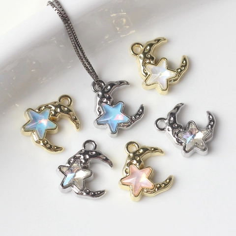 Minimalist Alloy Moon Star Pendants With Synthetic Opal Inlay Hammered Texture Charms For DIY Necklace Bracelet Jewelry Making