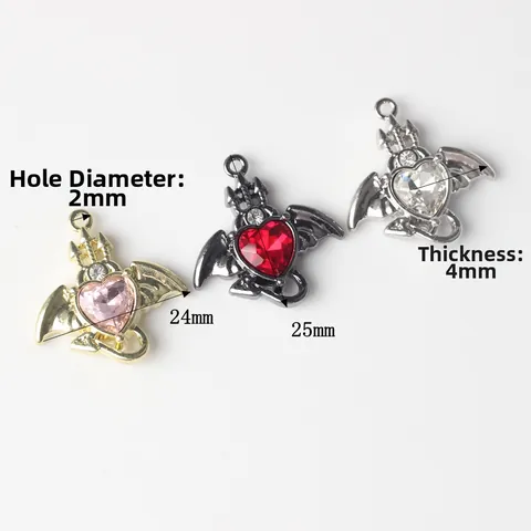 Gothic Alloy Bat Wings Heart Rhinestone Pendant Devil Style DIY Necklace Bracelet Jewelry Making Accessory For Women