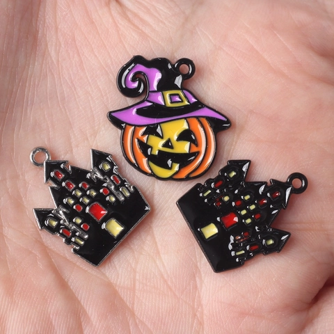 Alloy Halloween Pumpkin Castle Enamel Charms For DIY Jewelry Making Festive Witch Hat Drip Oil Pendants Accessories