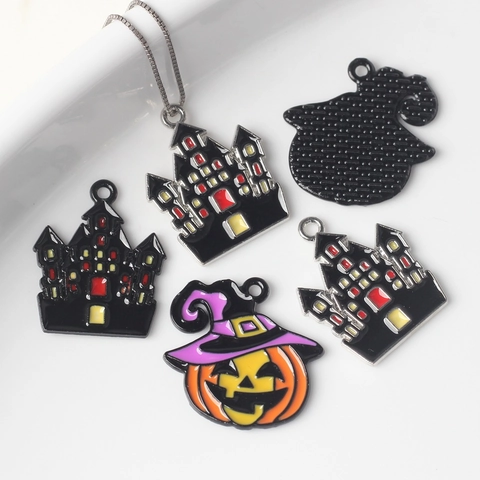 Alloy Halloween Pumpkin Castle Enamel Charms For DIY Jewelry Making Festive Witch Hat Drip Oil Pendants Accessories