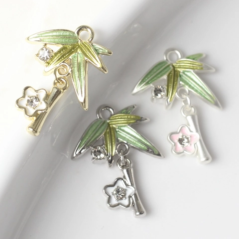 Alloy Enamel Bamboo Leaf Flower Pendant Zircon Inlaid DIY Jewelry Finding For Necklace Bracelet Crafting Women Oriental Accessory