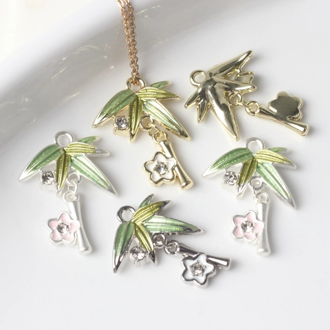 Alloy Enamel Bamboo Leaf Flower Pendant Zircon Inlaid DIY Jewelry Finding For Necklace Bracelet Crafting Women Oriental Accessory