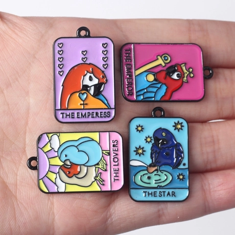 Vintage Alloy Enamel Parrot Tarot Card Pendant For DIY Necklace Bracelet Making Rectangular Animal Medal Charm Jewelry Accessory