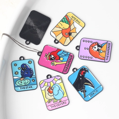 Vintage Alloy Enamel Parrot Tarot Card Pendant For DIY Necklace Bracelet Making Rectangular Animal Medal Charm Jewelry Accessory
