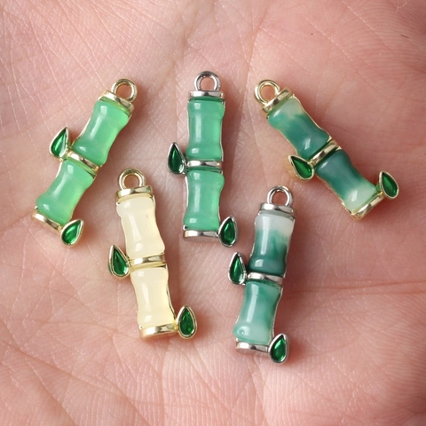 Bamboo Shape Alloy Resin Inlaid Pendant Enamel Green Leaf Charm For DIY Necklace Bracelet Jewelry Making Women Accessories