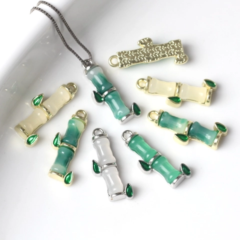 Bamboo Shape Alloy Resin Inlaid Pendant Enamel Green Leaf Charm For DIY Necklace Bracelet Jewelry Making Women Accessories