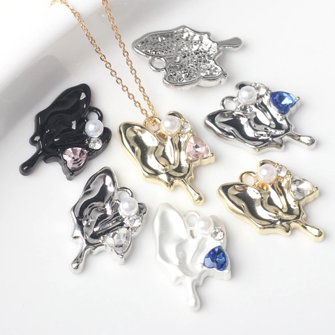 Alloy Liquid Metal Heart Butterfly Charms With Artificial Pearl And Rhinestone For DIY Necklace Bracelet Jewelry Making Pendants