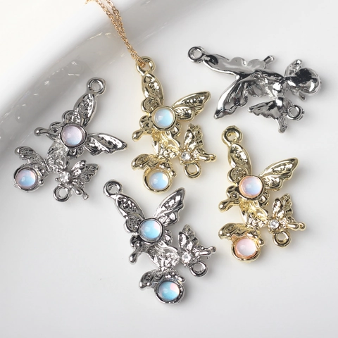 Alloy Resin Butterfly Pendant Connector With Moonstone Look And Rhinestones DIY Jewelry Making For Necklace Bracelet