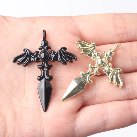 Gothic Alloy Bat Wing Cross Pendant Dagger Sword Charm For DIY Necklace Bracelet Earring Jewelry Making Accessory Gold Black