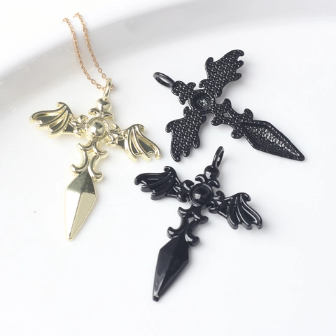 Gothic Alloy Bat Wing Cross Pendant Dagger Sword Charm For DIY Necklace Bracelet Earring Jewelry Making Accessory Gold Black