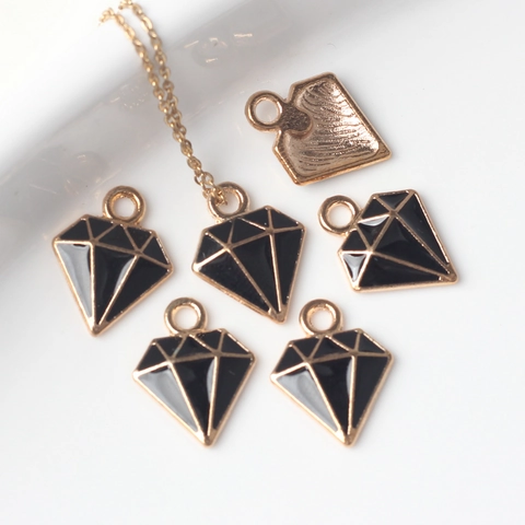 Dijes de Aleación y Esmalte con Forma de Diamante Chapado en Oro Colgantes Negros para Creación de Joyas Collar Pulsera