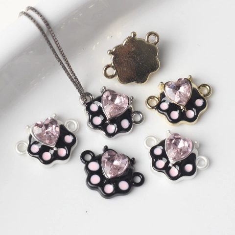 Alloy Zirconia Cat Paw Heart Jewelry Connectors Enamel Animal Flesh Pad Connectors For DIY Bracelet Necklace Making