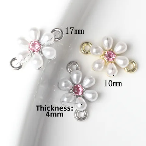 Alloy Faux Artificial Pearl Flower Jewelry Connector Charms With Pink Rhinestone Center For DIY Necklace Bracelet Making Accessories