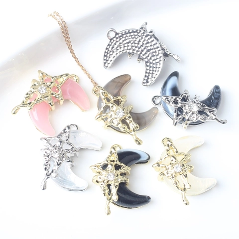 Moon Star Resin Pendant Zinc Alloy Rhinestone Inlaid Moon Shape DIY Jewelry Making Accessories For Women Necklace