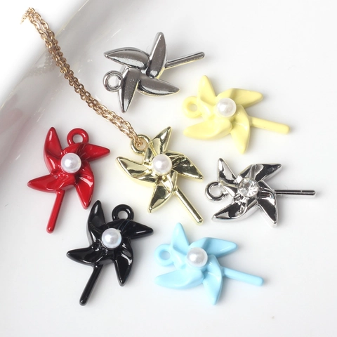Zinc Alloy Windmill Pendant With Artificial Pearl Rhinestone Charms For DIY Necklace Bracelet Jewelry Making Accessories