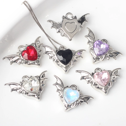 Gothic Alloy Heart Bat Wing Pendant Alloy Rhinestone Charm For DIY Necklace Bracelet Jewelry Making Supplies For Women