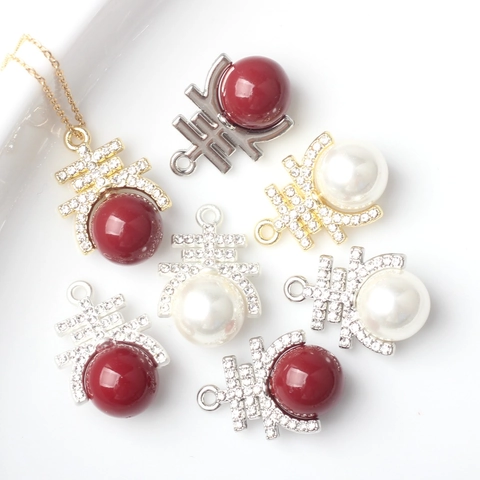Alloy Rhinestone Inlaid Faux Artificial Pearl Pendants Chinese Characters Lucky Charms For DIY Jewelry Making Necklaces Accessories