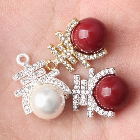 Alloy Rhinestone Inlaid Faux Artificial Pearl Pendants Chinese Characters Lucky Charms For DIY Jewelry Making Necklaces Accessories
