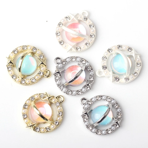 Alloy Planet Saturn DIY Charm Pendants For Jewelry Making Iridescent Sphere Rhinestone Faux Artificial Pearl Star Accessories