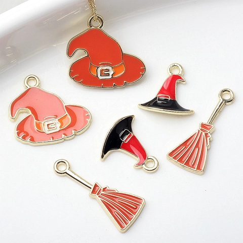 Halloween Witch Hat Broom Alloy Enamel Charms DIY Jewelry Making Pendants For Handmade Necklace Bracelet Party Decoration