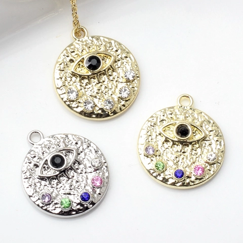 Vintage Alloy Evil Eye Round Pendants Hammered Texture Colorful Rhinestone Charm For DIY Jewelry Making Gold Silver Plate