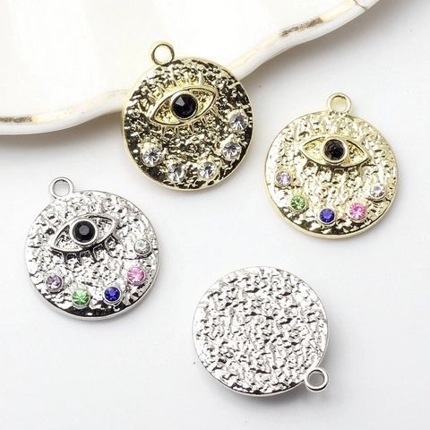 Vintage Alloy Evil Eye Round Pendants Hammered Texture Colorful Rhinestone Charm For DIY Jewelry Making Gold Silver Plate