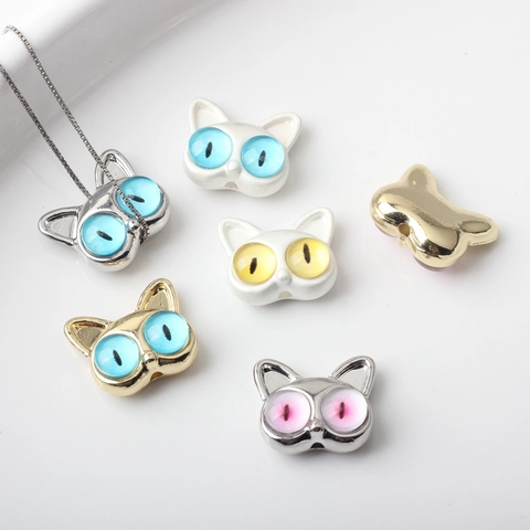 Cute Cartoon Cat Head Alloy Beads For DIY Jewelry Making Colorful Glass Eyes Gold Silver Plated Spacer Beads For Bracelets