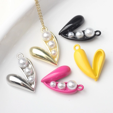 DIY Pea Pod Heart Shape Pendants Zinc Alloy Enamel Faux Artificial Pearl Rhinestone Charms For Jewelry Making Necklace Accessories