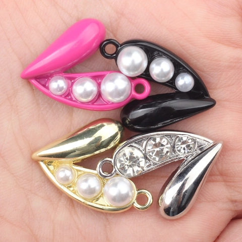 DIY Pea Pod Heart Shape Pendants Zinc Alloy Enamel Faux Artificial Pearl Rhinestone Charms For Jewelry Making Necklace Accessories