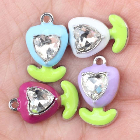 Legierung Tulpe Herz Anhänger Charms Emaille Eingelegt Zirkonia Blumenform DIY Schmuck Herstellung Zubehör Für Halskette Armband