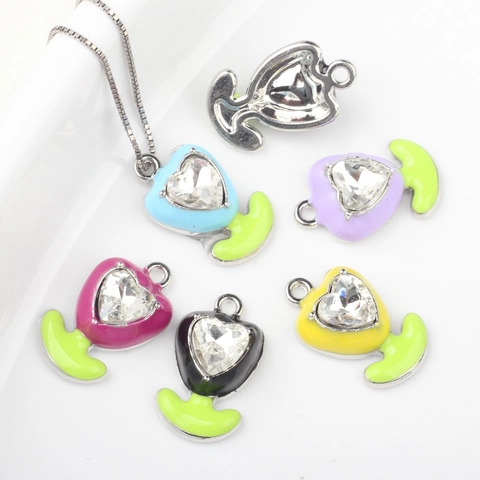 Legierung Tulpe Herz Anhänger Charms Emaille Eingelegt Zirkonia Blumenform DIY Schmuck Herstellung Zubehör Für Halskette Armband