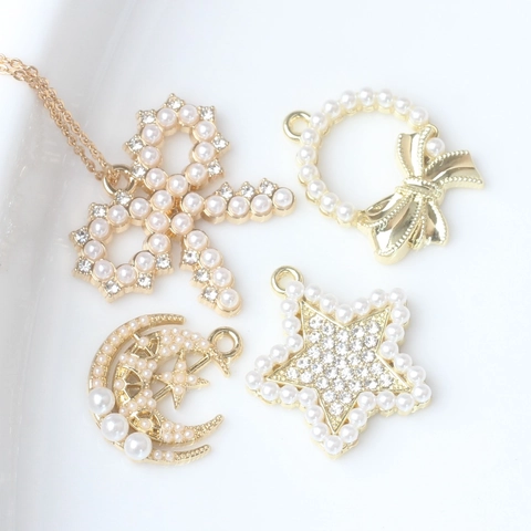 Elegante Anhänger Aus Legierung Mit Kunstperlen Und Strass Für DIY Schmuckherstellung Schleife Stern Mond Gold Finish Nur Anhänger Ohne Kette